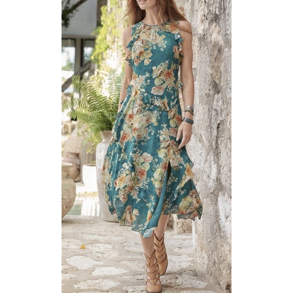 SUNDANCE Faye Floral Ruffled XS Asymmetrical Midi Dress NWT Romantic DERBY